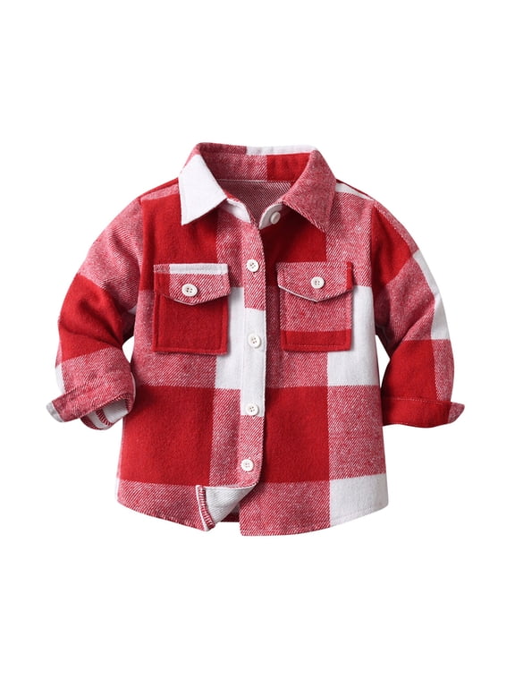 Boys Shirts Kids Long Sleeve Plaid Collared Shirt Thick Warm Construction Suitable For Fall Winter Casual Daily Outdoor Activities(Red,2-3 Years)