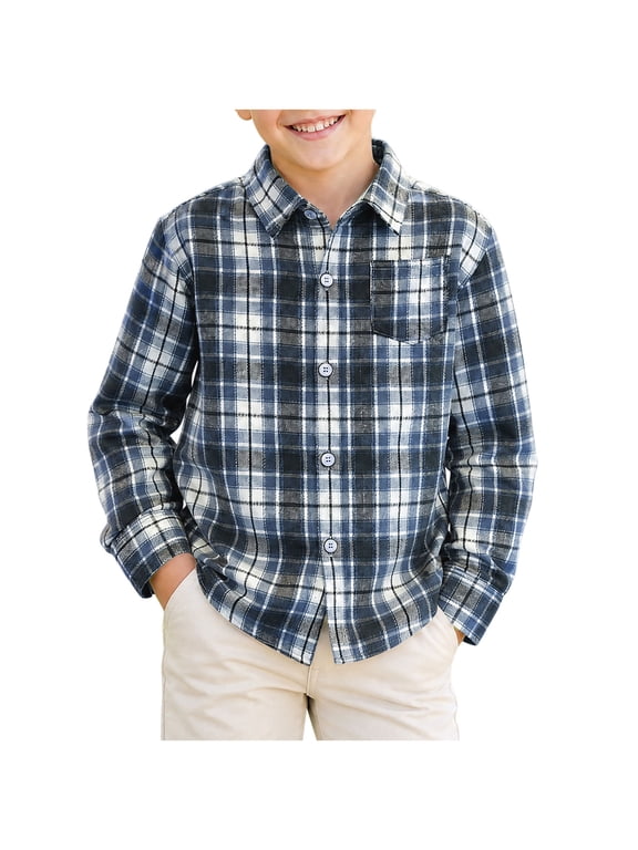 Boys Shirts Long Sleeve Plaid Button‑Down Shirt Collared Casual Daily Tops For Kids(Blue,2-3 Years)