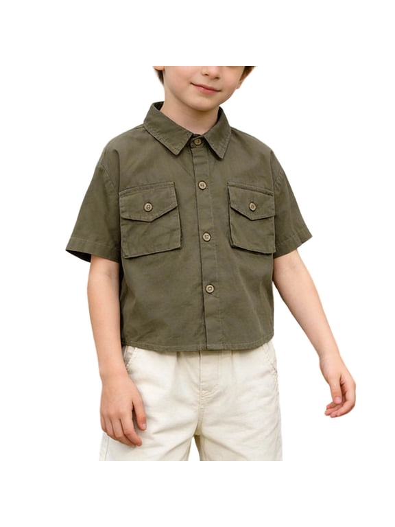 Boys T Shirts Short Sleeve Woven Collared Shirt With Functional Chest Pockets For Boys Outdoor Casual(Army Green,2-3 Years)