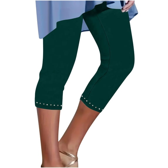 CHZAYXI Capris Pants for Women Sparkly Cropped Leggings Elastic Waist Solid Color Comfy Casual Pants Fashion Green