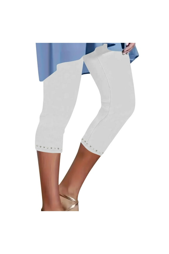 Capris Pants for Women Sparkly Cropped Leggings Elastic Waist Solid Color Comfy Casual Pants Fashion White