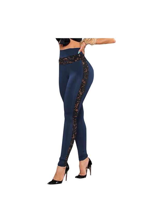 CHZAYXI Leggings for Women Skinny Fitted Lace Patchwork Pants Elastic High Waisted Belly Control Pull on Summer Casual Bottoms Trendy Trousers
