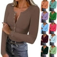 thumbnail image 1 of CHZAYXI Long Sleeve Tops for Women Round Neck Ribbed Knit Stretchy Slim Button down Solid Color Basic Going out Tops, 1 of 10