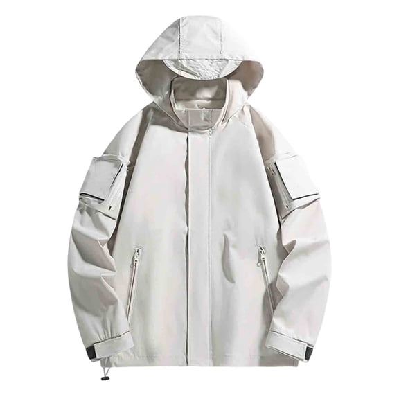 CHZAYXI Mens Rain Jacket Detachable Hooded Outdoor Windproof Rain Coats Cargo Windbreaker Multi Pocket Full Zip Hiking Outerwear for Men(White,4X-Large)