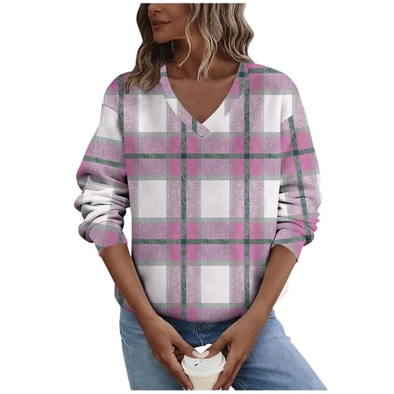 CHZAYXI Plaid Sweatshirts for Women Pullover Fall Loose Casual Long Sleeve V Neck Lightweight Fleece Lined Flannel Sweat Shirts Daily Cute Clothing(XXXXL)