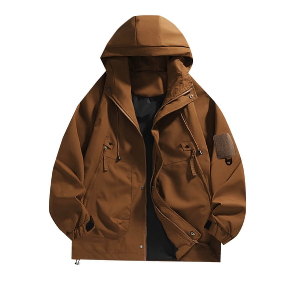 CHZAYXI Rain Jackets for Men Hooded Waterproof Zip up Rain Coats Solid Color Drawstring Hem Windbreaker Loose Hiking Running Fall Outfits(Coffee,Medium)