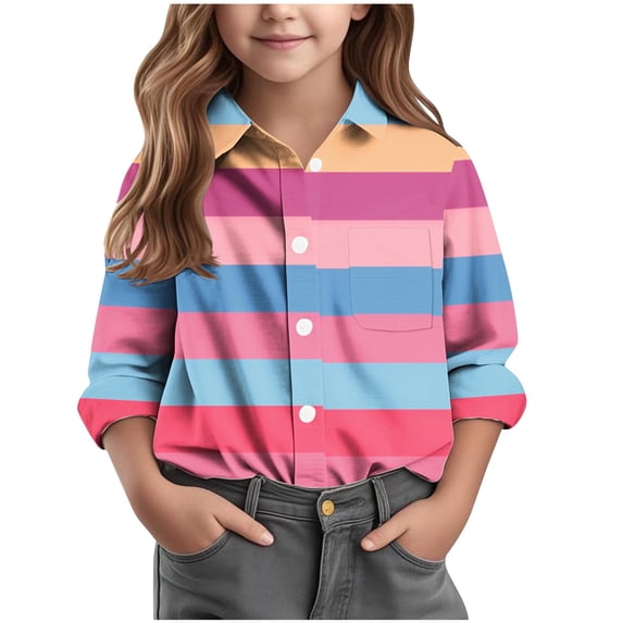 CHZAYXI Shirts For Girls Long Sleeve Mixed‑Pattern Woven Shirt Pocket Detail Button‑Front Casual Tops For Kids Multiple Colors(,13-14 Years)