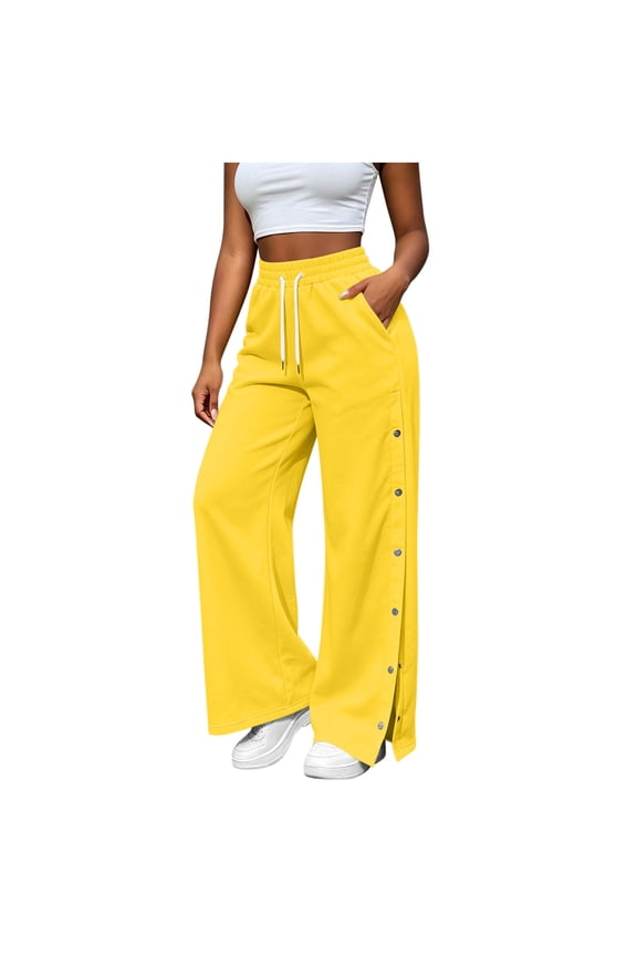 Sweatpants Womens Drawstring Elastic High Rise Wide Leg Track Pants Side Split Snap Button Closure Casual Sweat Pants with Pockets(Yellow,Large)