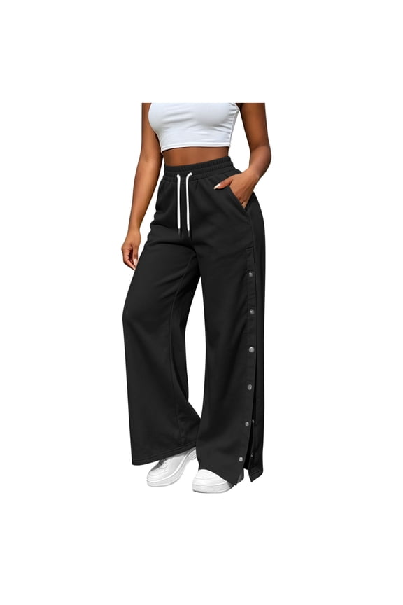 Sweatpants Womens Drawstring Elastic High Rise Wide Leg Track Pants Side Split Snap Button Closure Casual Sweat Pants with Pockets(Medium)