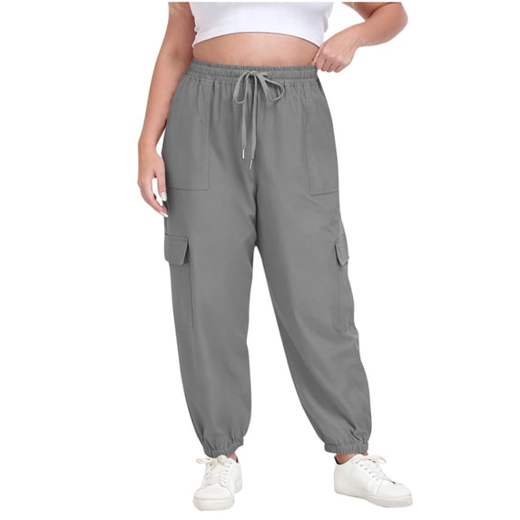 CHZAYXI Womens Plus Size Jogger Pants Drawstring Workout Cargo Sweatpants Yoga Running Gym Sports Jogging Track Pants 4 Pockets(Gray,XX-Large)