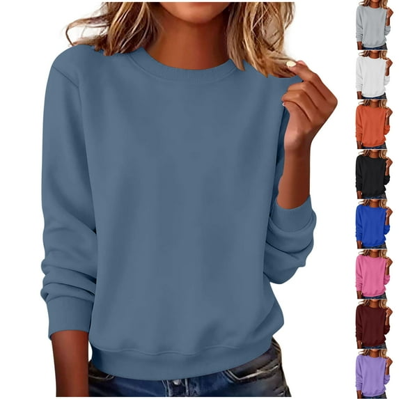 CHZAYXI Womens Sweatshirts Crewneck Fleece Lined Pullover Solid Color Long Sleeve Shirts Fall Winter Basic Tees Tops