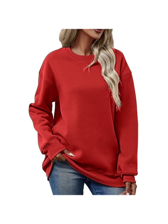 Womens Sweatshirts Crewneck Long Sleeve Casual Loose Pullover Tops Juniors Workout Shirts(L,Red)