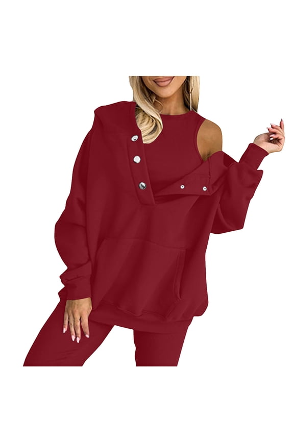 Womens Tracksuits Set 2 Piece Fall Winter Workout Gym Run Yoga Oversized Hoodies Tank Tops(XXL,Red)