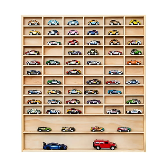 CHZIMADE 1/64 Hot Wheel Display Cases, Wooden Wall Mount Display Organizer for 62 Toy Cars