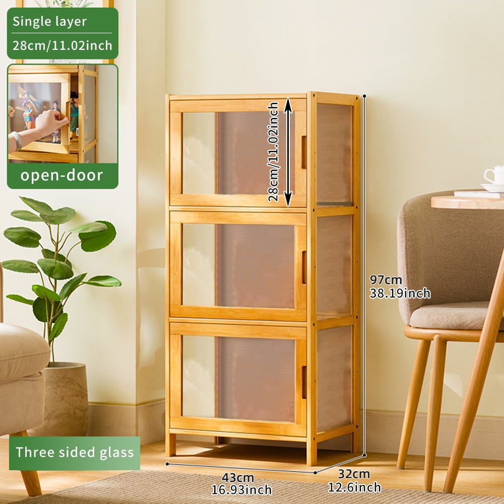 CHZIMADE 42" Display Cabinet with Doors, 3-Tier Bamboo Showcase Storage Cabinet Shelf Collectibles Toy Display Case for Living Room, Natural