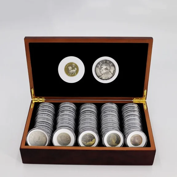 CHZIMADE 50Pcs 46MM Coin Capsules Wood Storage Box Adjustable Cushion Collection Box