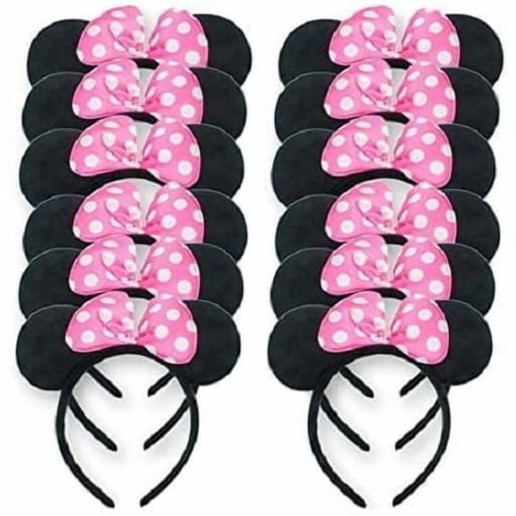 12 pieces Pink color polka dot Mouse Ears Headbands for Birthday Party Theme Park Costume Play Celebration