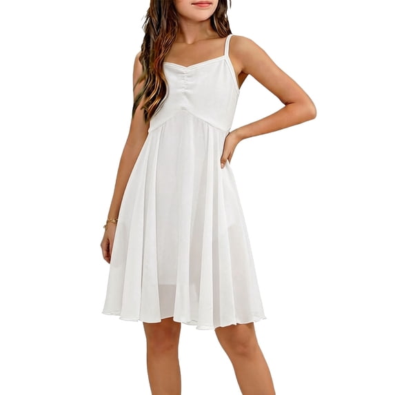 CIAKGIAF Big Girls Dresses Comfortable Dance Clothes Halter Summer Round Neck Casual Sleeveless Dress White for 3-14Y