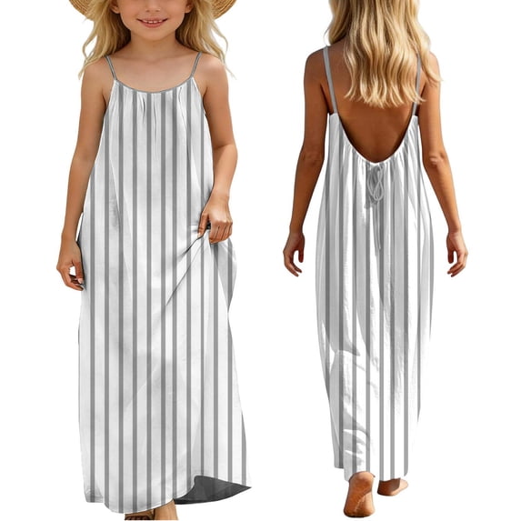 CIAKGIAF Big Girls Dresses Summer Halter Striped Loose Cute Comfortable Dresses Gray for 7 Years