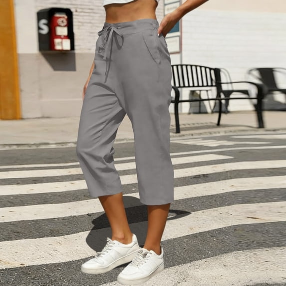 JUSLIO Capris for Women Linen with Pockets Casual Fashion Elastic Waist Drawstring Capris Gray M