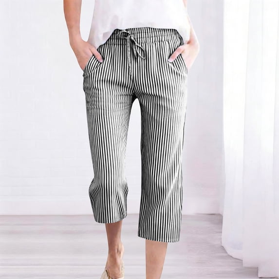 JUSLIO Capris for Women Striped Linen Casual Fashion Elastic Waist Drawstring Capris Black L