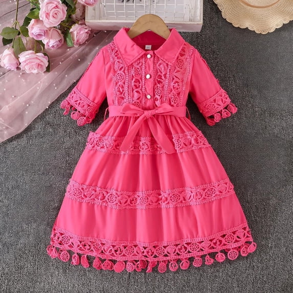 CIAKGIAF Girls Dress Lace Patchwork Comfortable Collar Short Sleeved Dresses,Hot Pink for 7 Years