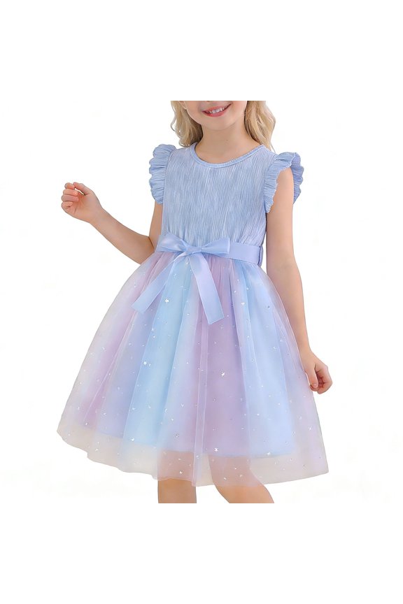 Girls Dress Casual Mesh Fluffy Ruffle Comfortable Starry Gradient Summer Patchwork Sleeveless Princess Party Dress Light Blue for 1-8Y