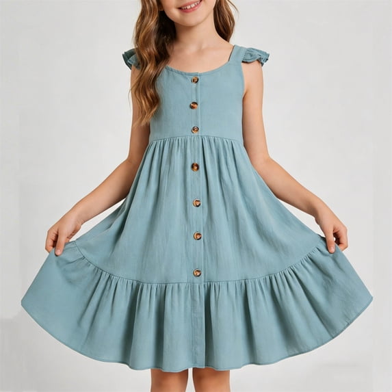 CIAKGIAF Girls Dress Loose Ruffle Ruched Button Comfortable Round Neck Summer Sleeveless Princess Dress Sky Blue for 3-4 Years