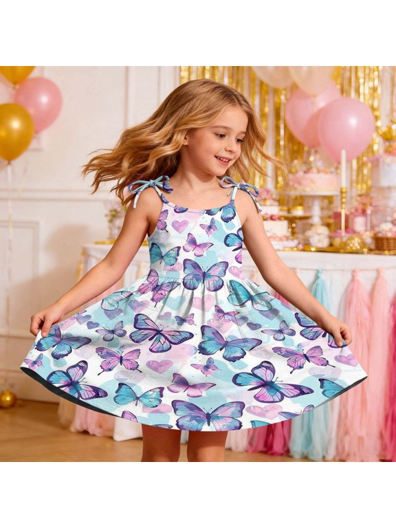 Girls Dresses Bow Cami Straps A-Line Sleeveless Butterfly Print Casual With Pockets Dress Multicolor for 5 Years