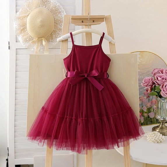 CIAKGIAF Girls Dresses,Mesh Fluffy Halter Comfortable Solid Color Dresses,Red for 7 Years