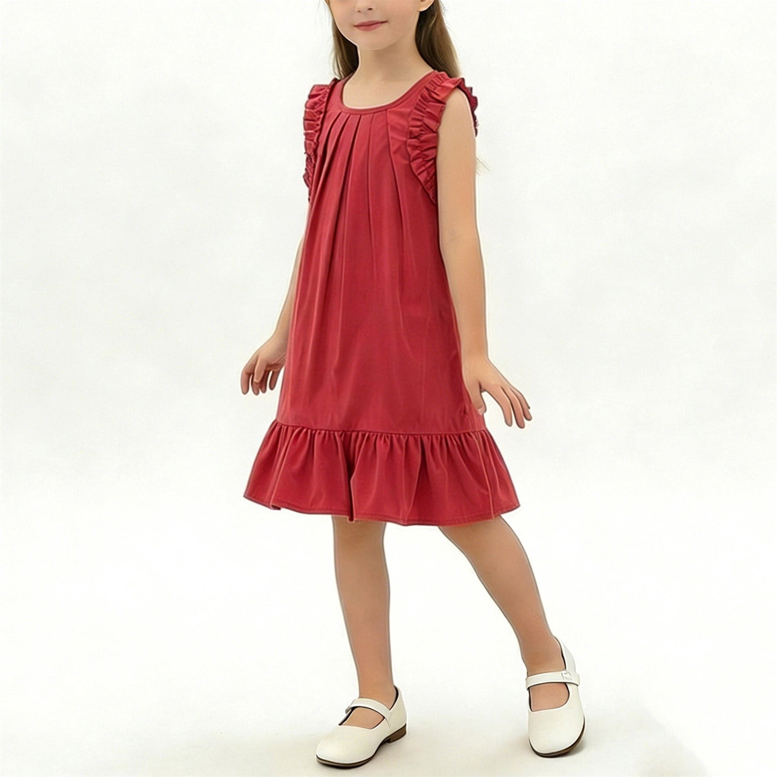 CIAKGIAF Girls Dresses Casual Ruffle Round Neck Comfortable Sleeveless ...