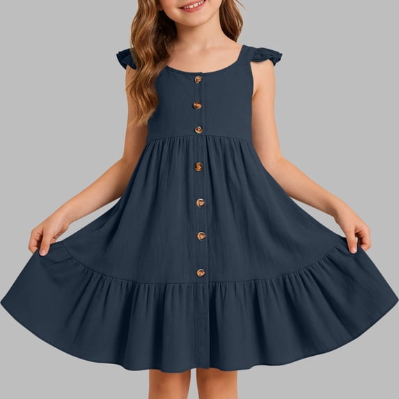 CIAKGIAF Girls Dresses Comfortable Ruffle Ruched Button Summer Round Neck Loose Sleeveless Princess Dress Navy for 2-3 Years