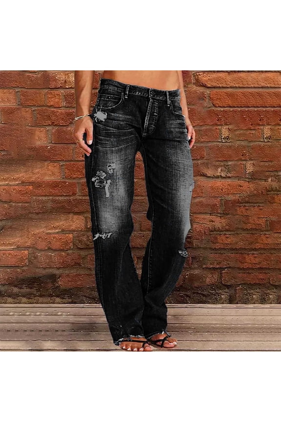 Jeans for Women Fashion Ripped Straight Leg Denim Pants Black L2