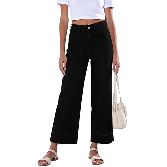 CIAKGIAF Jeans for Women Loose Multi-Pocket Solid Button Fly Ankle Length Jeans Black L