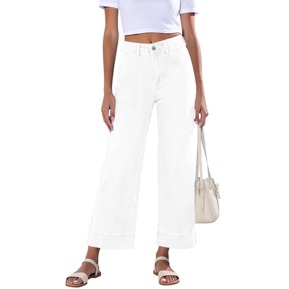 CIAKGIAF Jeans for Women Loose Multi-Pocket Solid Button Fly Ankle Length Jeans White XL