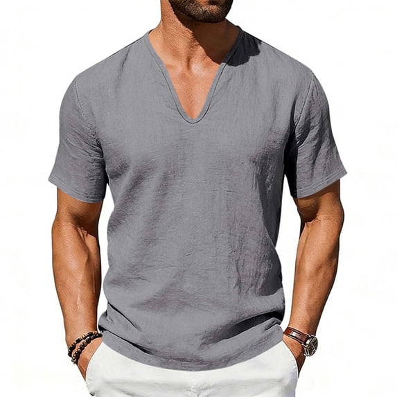 CIAKGIAF Linen Mens T Shirts V Neck Solid Color, Athletic Short Sleeved Breathable Casual T Shirts