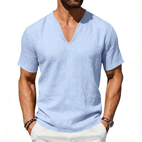 CIAKGIAF Linen T Shirts for Men V Neck Solid Color, Breathable Casual Athletic Short Sleeved T Shirts