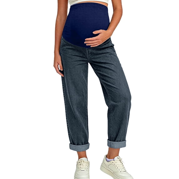 CIAKGIAF Maternity Jeans Casual Belly Support High Stretch Straight Leg Jeans Navy L
