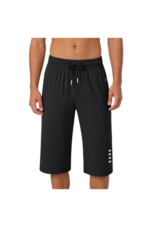 Mens Pants Logo Elastic Waisted Casual Pants, with Zippered Pocket Ice Silk Drawstring Capris Pants Joggers Black for 2XL