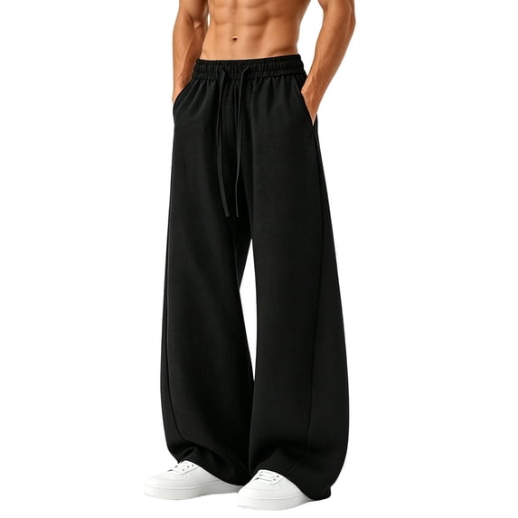CIAKGIAF Mens Pants Ruched Wide Leg Drawstring Pants, Elastic Waisted with Pockets Trousers Like Linen Mens Sweatpants Black for 2XL