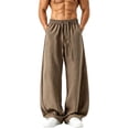 thumbnail image 1 of CIAKGIAF Pants for Men Like Linen Ruched Wide Leg Pants, Mens Sweatpants Drawstring Elastic Waisted with Pockets Trousers Coffee for 2XL, 1 of 7
