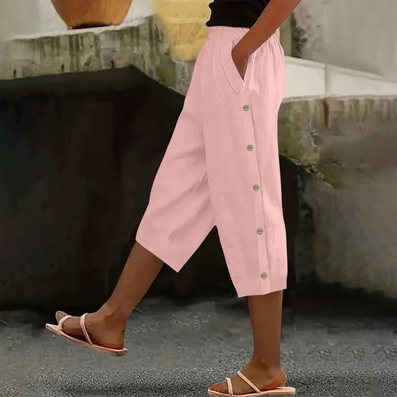 JUSLIO Women Capris Button Linen with Pockets Casual Fashion Elastic Waist Solid Color Capris Pink 2XL