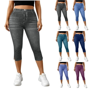 JUSLIO Women Capris Faux Jeans with Pockets Casual Fashion Capris Black L
