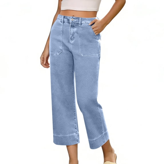 JUSLIO Women Capris Jeans Fashion Straight Leg Solid Color with Pockets Casual Capris Light Blue S