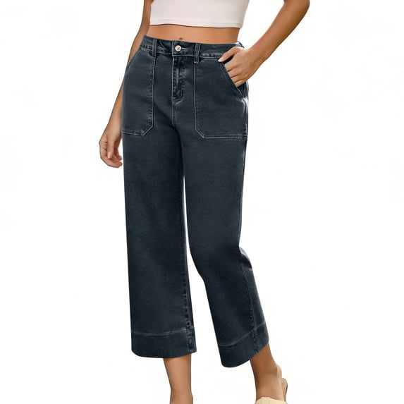 JUSLIO Women Capris Jeans Solid Color with Pockets Casual Fashion Straight Leg Capris Black L