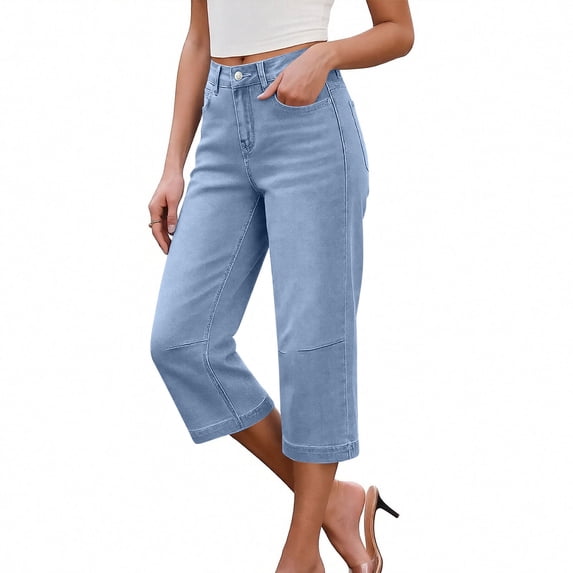 JUSLIO Women Capris Jeans Straight Leg Solid Color with Pockets Casual Fashion Capris Light Blue L
