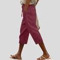 thumbnail image 1 of JUSLIO Women Capris Lace Linen with Pockets Casual Fashion High Waist Drawstring Capris Wine XL, 1 of 5