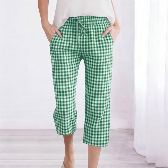 JUSLIO Women Capris Linen Drawstring Casual Fashion Elastic Waist Capris Green S