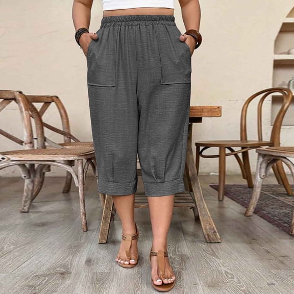 JUSLIO Women Capris Plus Size Solid Color with Pockets Casual Fashion Capris Dark Gray S