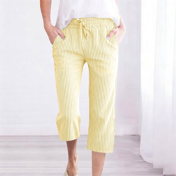 JUSLIO Women Capris Striped Linen Casual Fashion Elastic Waist Drawstring Capris Yellow M